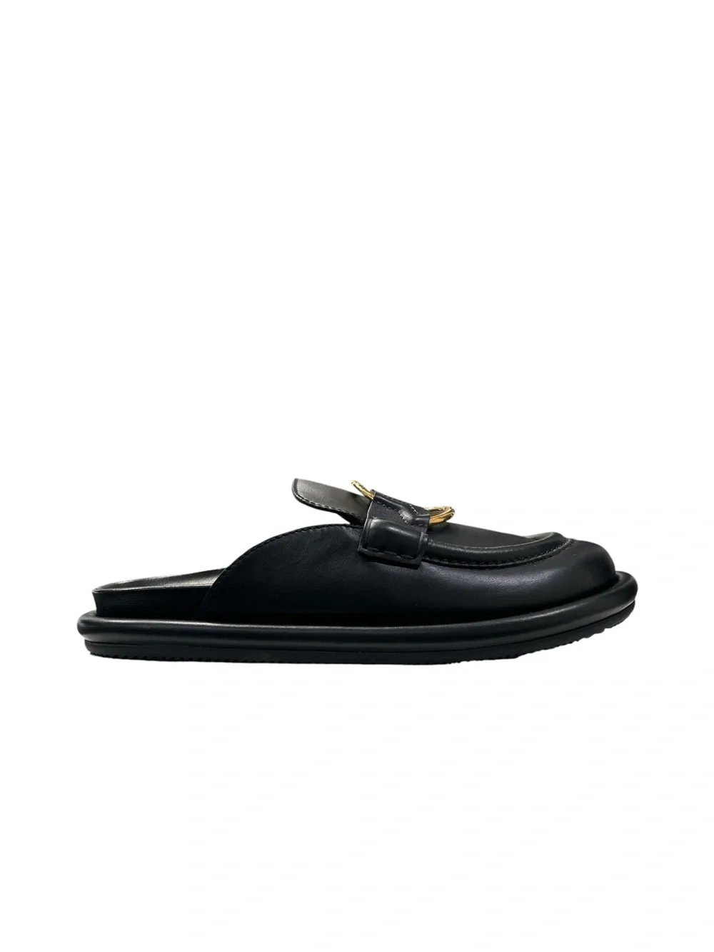 Moncler Bell Mule Black Leather Slip-On Mules with Gold Ring Accent - Picture 7 of 7